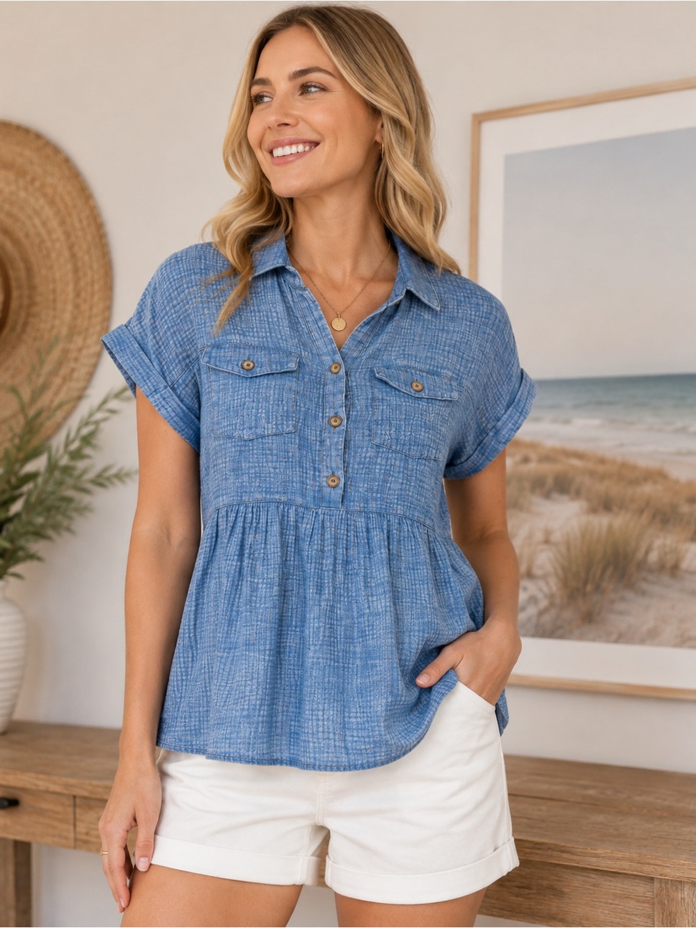 Umgee Cotton Gauze Babydoll Top Medium Blue Button Front Shirt